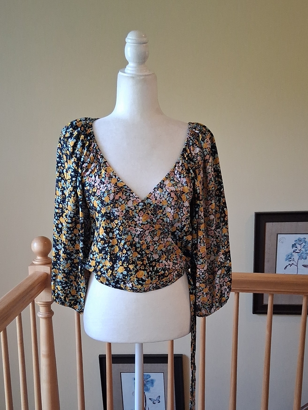 BCBGeneration Black Floral Wrap Top with Yellow & Pink Blooms